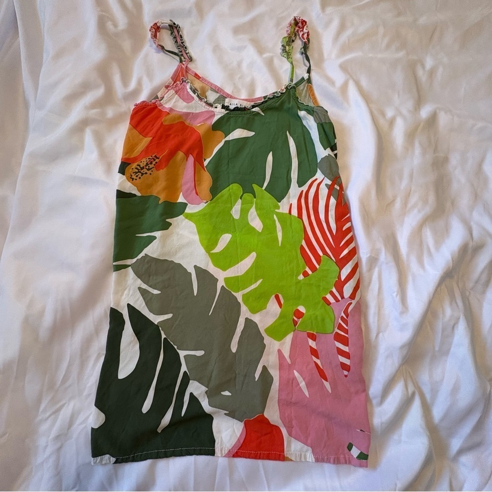 Aila Blue S Mini Dress Madrid Leaf Print Swim Green Pink Tropical